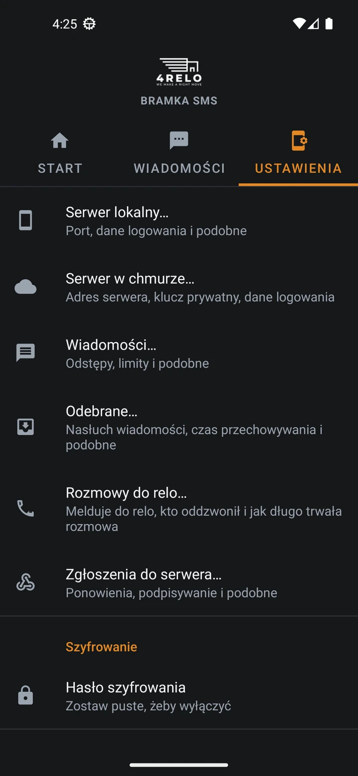 Settings: sending intervals and limits, listening for incoming messages, call report, encryption