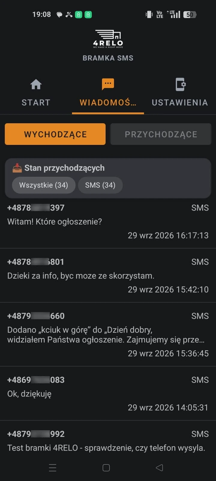 The reply inbox — 34 messages back from a real send (phone numbers partly masked)