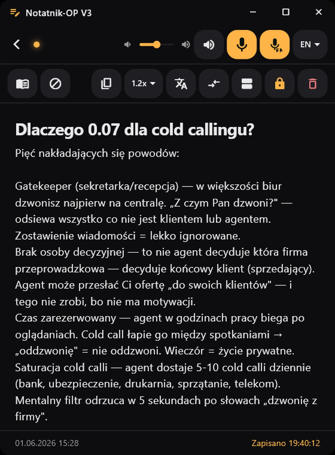 A different note open in the editor: playback speed, translation and a closed lock that keeps dictation from overwriting the text