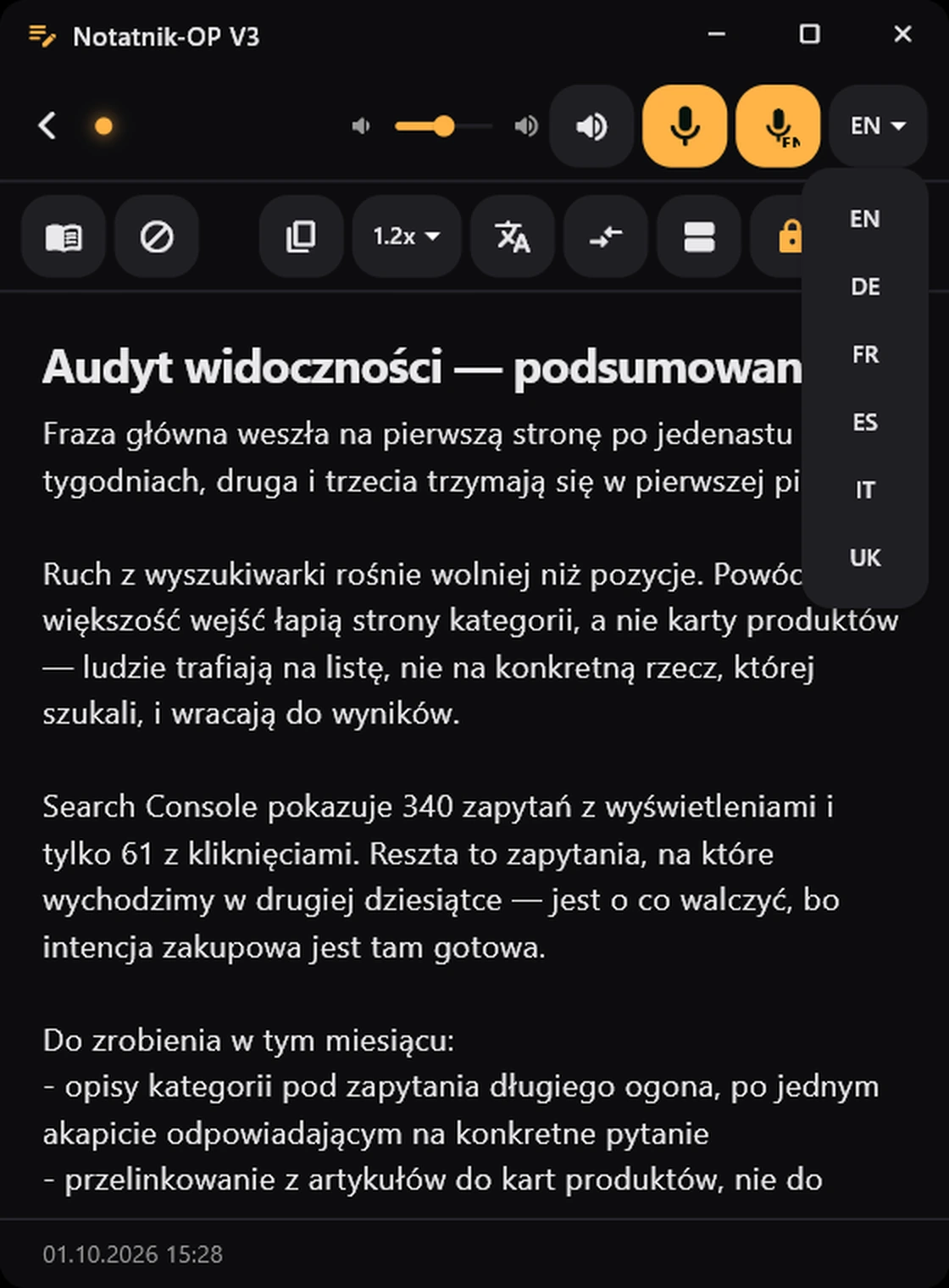 The output language expanded — you dictate in Polish and the note comes out in English, German, French, Spanish, Italian or Ukrainian