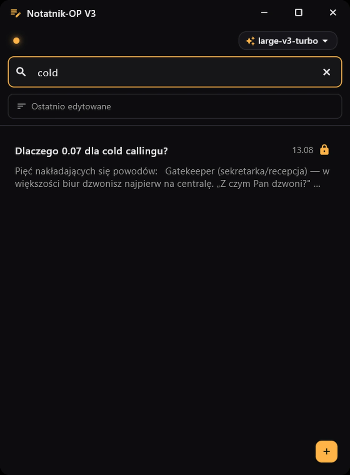 Search runs over the text, not just the title — the list narrows as you type