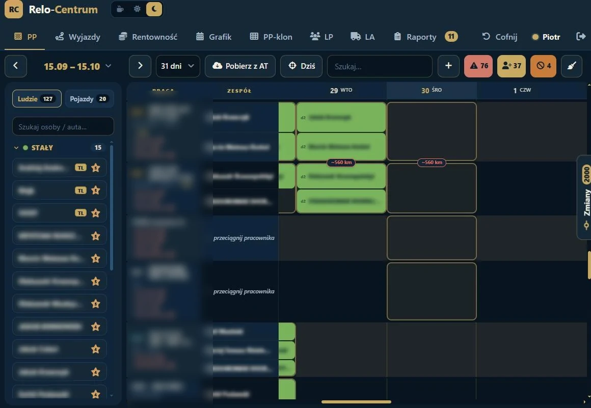 The 31-day board — jobs, assigned crews and the list of gaps