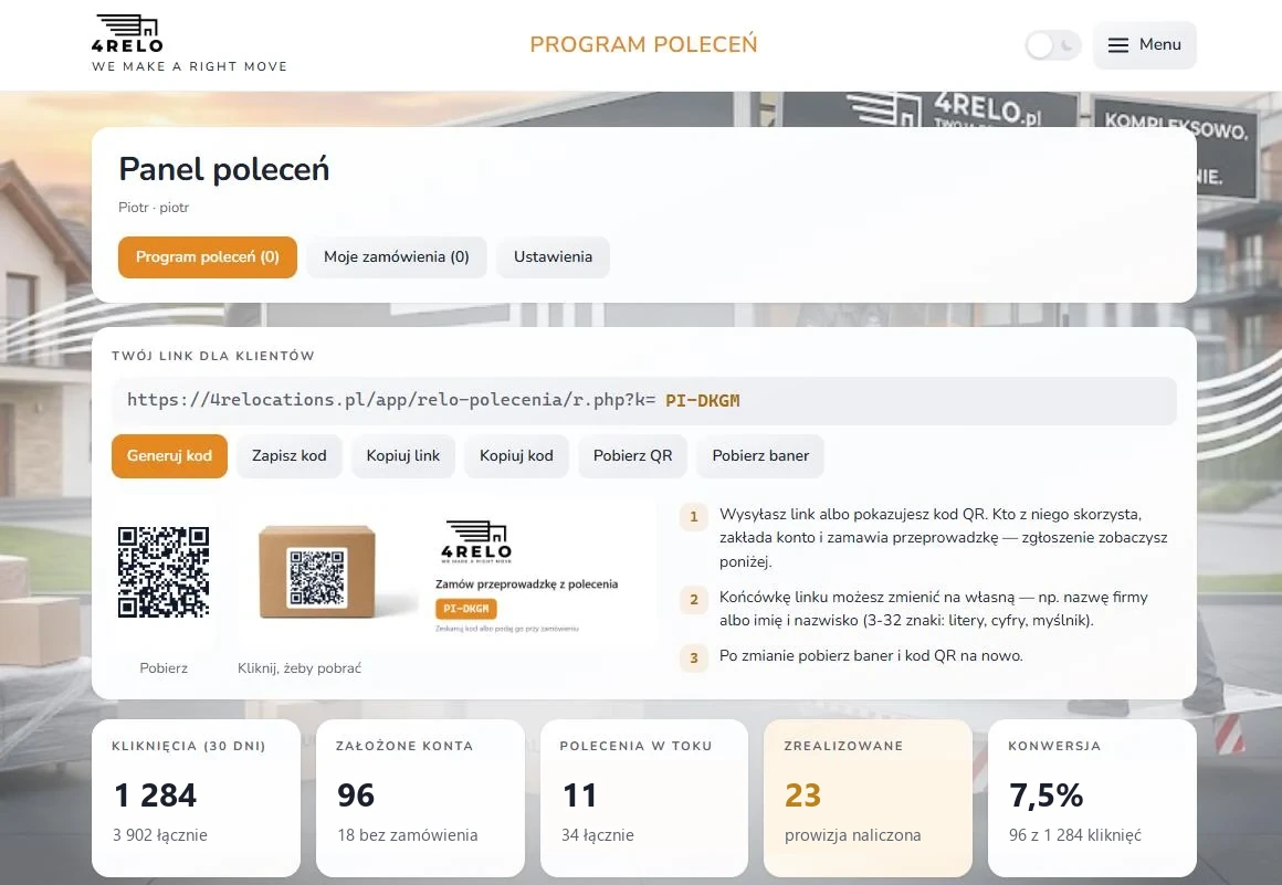 The referrer's panel — link, QR code, banner and conversion counters (illustrative figures)
