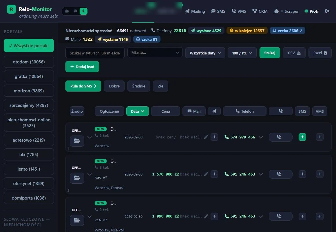 66,000 listings from ten portals — one list, filters and export