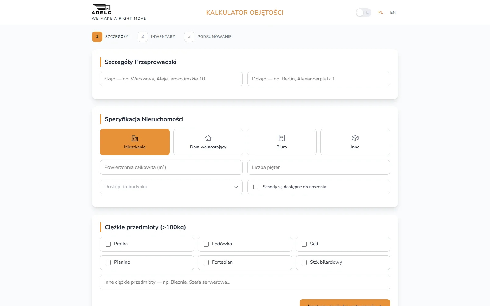 Move volume calculator — the customer describes the home and sends an enquiry