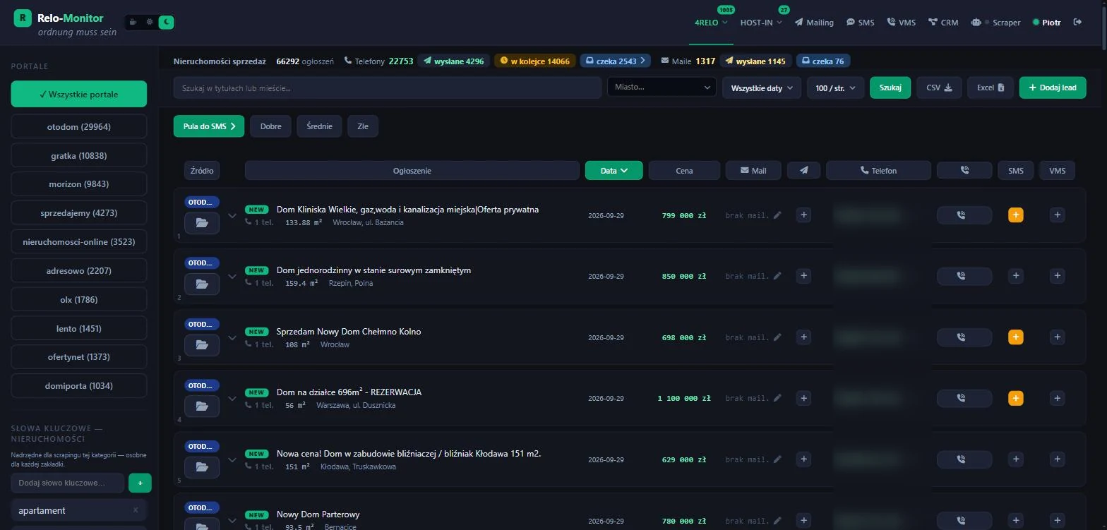 Listing monitor — 66,000 offers from 10 portals, email and SMS campaigns, built-in CRM